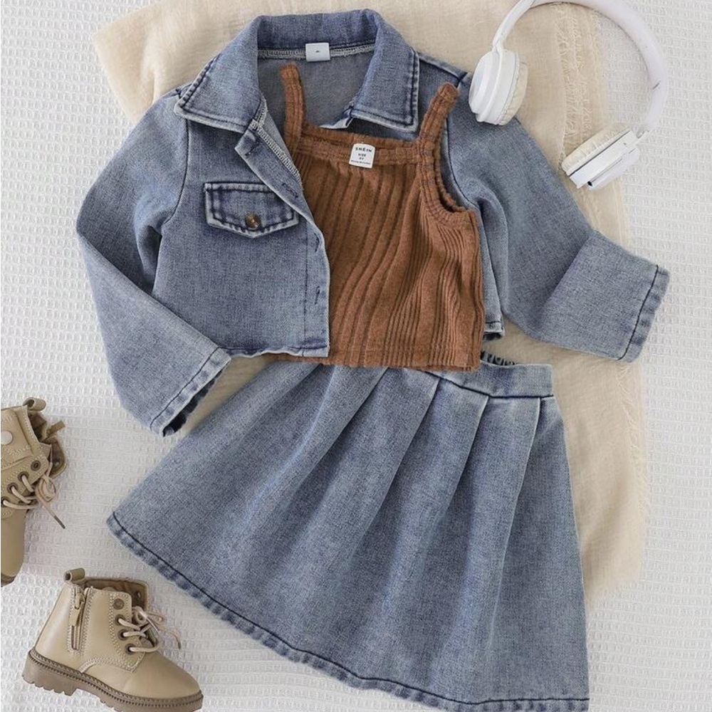 Kids Denim Jacket and Skirt Set with Brown Top